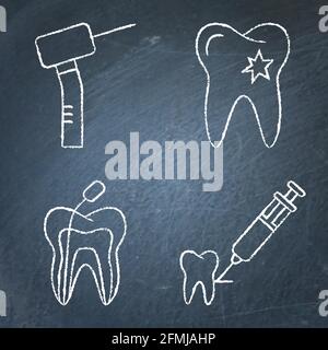 Dental care icon set on chalkboard. Caries damaged enamel, root canal treatment and other symbols. Stomatology emblem. Vector illustration. Stock Vector