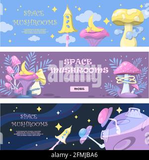 Vector magic mushrooms. Space cartoon mushrooms. Vivid illustrations of space with flying saucers, planets and stars. Square rectangular composition Stock Vector