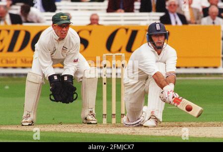 The Benson and Hedges Cup Final between Essex and Leicestershire at Lords playing reverse sweep. Stock Photo