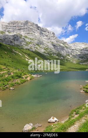 Partnunsee alpine lake near Sankt Antönien in the swiss alps, Grisons, Switzerland 2020 Stock Photo