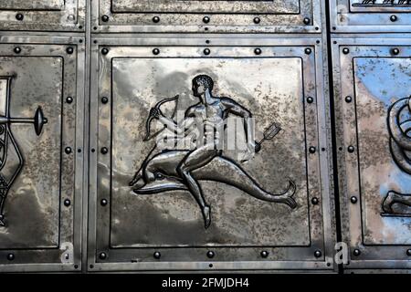 Metal doors detail on former National Westminster Bank, Coventry, West Midlands, England, UK Stock Photo