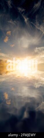 Seascape horizon view at sunrise going up to the stars. Water reflection landscape at dawn over the ocean Stock Photo