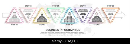 Vector 8 step infographics from triangles with arrows. Timeline concept for chart, levels, web, diagram, banner, presentations and business. Stock Vector