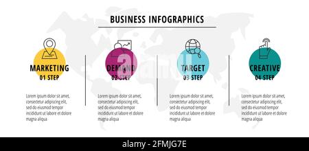 Flow infographics or timeline four circles cards connected by arrows. Business concept of 4 steps. Design template for diagram, web, banner Stock Vector