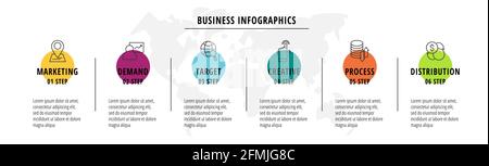 Flow infographics or timeline six circles cards connected by arrows. Business concept of 6 steps. Design template for banner, presentations Stock Vector