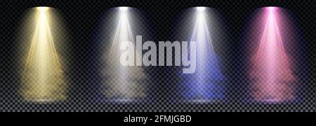 Set of gold, purple and blue spotlight. Bright lighting with spotlights of the stage on transparent background. Stock Vector