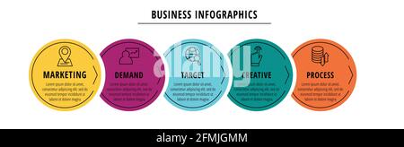 Vector infographics or timeline five circles cards connected by arrows. Business concept of 5 steps. Design template for flowchart, content, levels Stock Vector