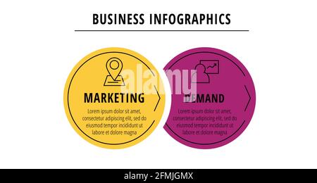 Vector infographics or timeline two circles cards connected by arrows. Business concept of 2 steps. Design template for diagram, presentations, levels Stock Vector