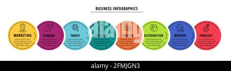 Vector infographics or timeline eight circles cards connected by arrows. Business concept of 8 steps. Design template for diagram, flowchart, content Stock Vector