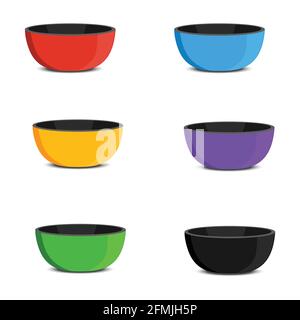Empty plastic bowls of different colors with shadows isolated on white background. Set of vector dish icons. Stock Vector