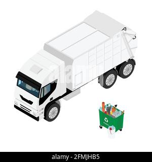 Trash in garbage can with sorted plastic garbage and garbage truck. Recycling garbage separation collection and recycled isolated on white background Stock Vector