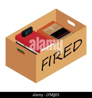 Getting fired. Carton box with personal items, stuff. Last day of work concept. Vector Stock Vector