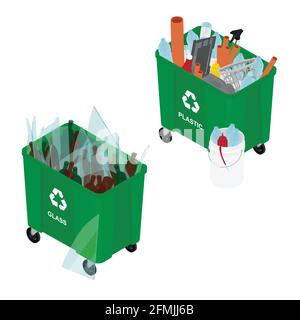 Garbage cans full of sorted garbage vector icons. Recycling garbage separation collection. Isometric view. Vector Stock Vector