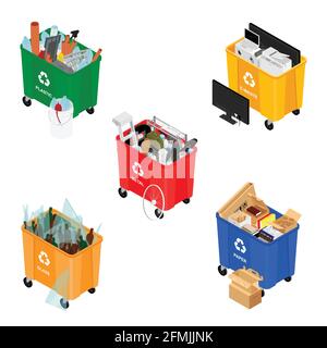 Garbage cans full of sorted garbage vector icons. Recycling garbage separation collection. Isometric view. Vector Stock Vector