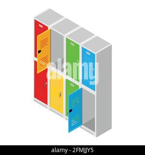 Metal locker door with key isolated on white background. Lockers in gym. Two level compartment. Isometric view. Vector Stock Vector
