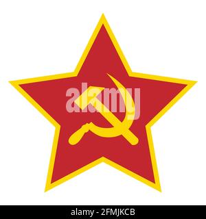 Vector illustration red five pointed star with golden border, hammer and sickle inside isolated on white background. USSR symbol Stock Vector
