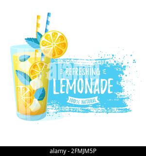 Lemonade - vector illustration. Modern banner with glass of refreshing drink and paint brush stroke isolated on a white background. Stock Vector