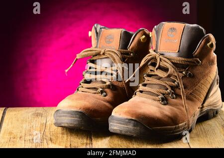 Trekking boots on studio shot Stock Photo
