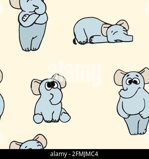 Elephants. Seamless illustration. Cartoon sketch style. Hand outline drawing cheerful funny animal. vector Stock Vector