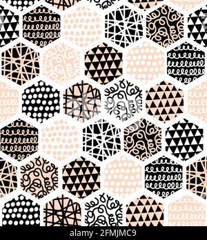 Hexagon abstract seamless vector pattern. Geometric honeycomb shapes with hand drawn doodle texture pink black white. Repeating modern background for Stock Vector