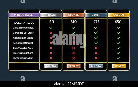 Website pricing list template Stock Vector