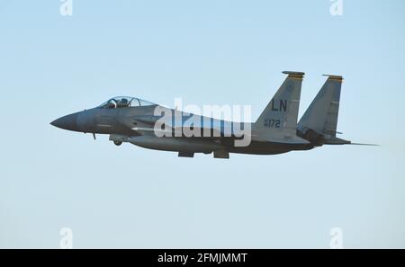 RAF Lakenheath F15c jet fighter flypast US air force 48th fighter wing Stock Photo