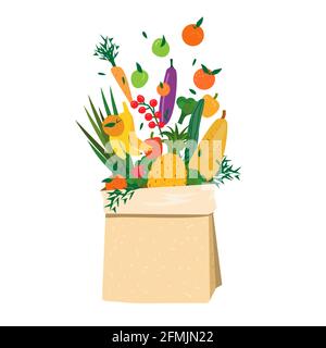 Flying fruits and vegetables in paper bag. Eco concept of healthy eating, grocery shopping, diet, vegan, vegetarian nutrition. Veggie in eco cardboard Stock Vector