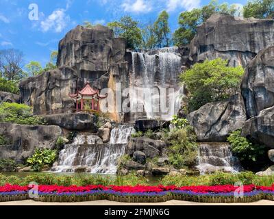 Landscape with pavilion and waterfall  in oriental nature garden in Fuzhou,Fujian,China Stock Photo