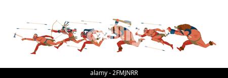 American indian warriors in the attack, running. African tribes, Australian aboriginal set, a member of the tribe with a weapon in his hands. Vector Stock Vector