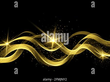 Abstract color gold wave design element Glitter effect on dark background. Stock Vector