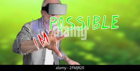 Man wearing a reality virtual headset touching a challenge concept on a touch screen with his finger Stock Photo