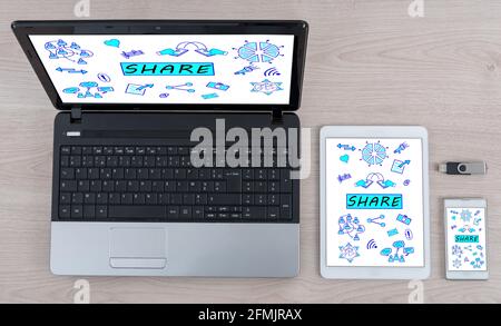 Share concept shown on different information technology devices Stock Photo