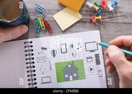 Home automation concept drawn on a notepad placed on a desk Stock Photo