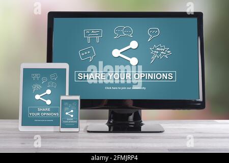 Opinions sharing concept shown on different information technology devices Stock Photo