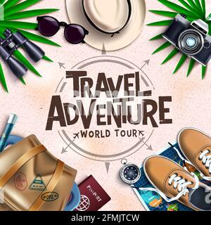 Travel adventure vector design. Travel adventure world tour text with tourist element like bag, sneakers, map and camera for worldwide travelling. Stock Vector