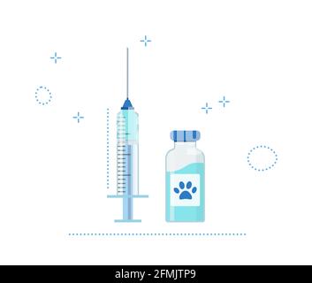 Pet Vaccination concept. Idea vaccine injection for protection from disease animal. Blue Icon syringe and bottle with vaccine. Vector flat illustratio Stock Vector