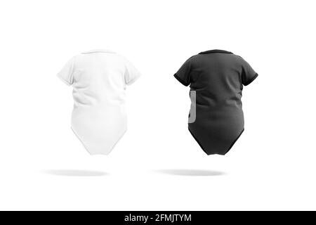 Blank black and white half sleeve baby bodysuit mockup, isolated, 3d rendering. Empty wraparound t-shirt for newborn mock up, back view, isolated. Cle Stock Photo