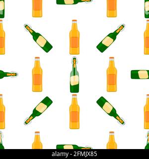Illustration on theme seamless beer glass bottles with lid for brewery. Pattern beer consisting of many identical glass bottles on white background. G Stock Vector