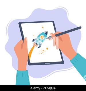 Designer illustrator draws a cute illustration on graphic tablet with pen. Hands holding tablet and stylus pen. Art creating, graphic design, digital Stock Vector
