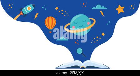 Open book and space elements. Planet, rocket, star, cloud, aerostat. Education concept for kids. Knowledge, creativity, discoveries. Design for educat Stock Vector