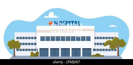 Hospital clinic building with green bushes and benches at front yard. Medicine, city infirmary health care infrastructure, medic two-storied office on Stock Vector