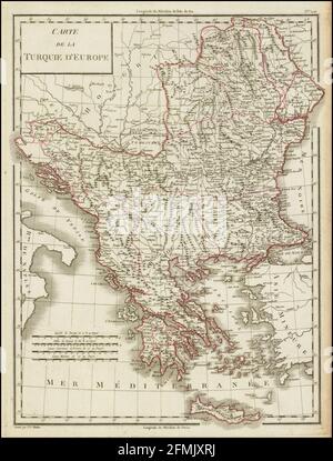 Vintage copper engraved map of Turky in Europe from 19th century. All maps are beautifully colored and illustrated showing the world at the time. Stock Photo