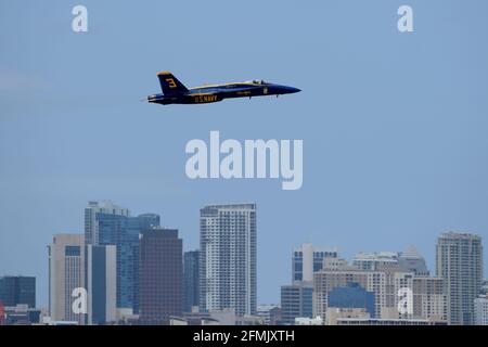 Fort Lauderdale FL, USA. 09th May, 2021. The U.S. Navy's Blue Angels Boeing F/A-18 Super Hornet is seen in flight during the Fort Lauderdale Air Show at the Fort Lauderdale-Hollywood International Airport on May 9, 2021 in Fort Lauderdale, Florida. Credit: Mpi04/Media Punch/Alamy Live News Stock Photo