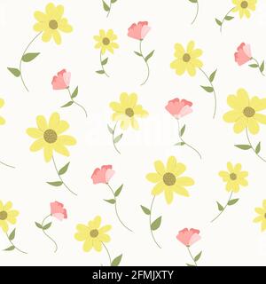 Pattern of flat cute yellow and pink flowers. Illustration for postcard, poster, banner, flyer. Vector illustration. Stock Vector