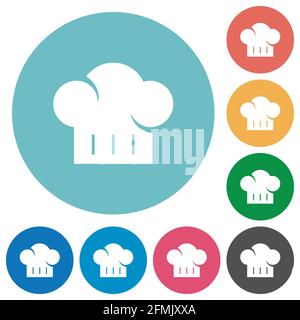 Chef hat flat white icons on round color backgrounds Stock Vector