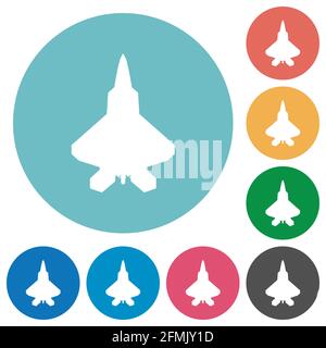 Jet fighter silhouette flat white icons on round color backgrounds Stock Vector