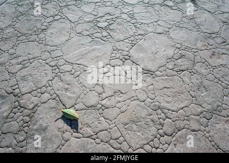 top view of stamped concrete pavement outdoor, boulders stones pattern, flooring exterior, decorative gray color and texture of cement paving Stock Photo