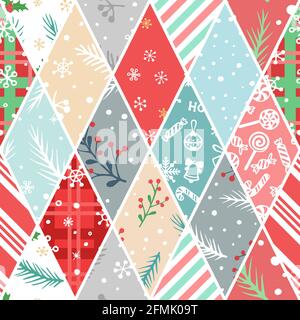 Vector seamless pattern in patchwork style with hand drawn Christmas elements. Cute design for wrappings, textile and backgrounds Stock Photo