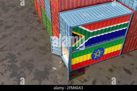 Freight containers with South Africa and Ethiopia national flags. 3D Rendering Stock Photo