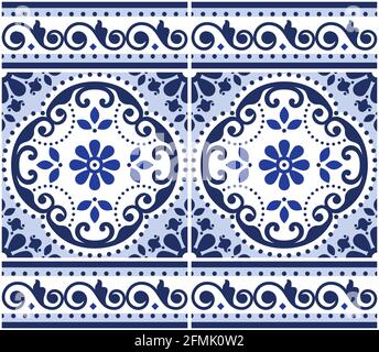 Lisbon Azulejo tiles seamless vector pattern with frame or border, Portuguese indigo retro design with flowers, swirls and geometric shapes Stock Vector